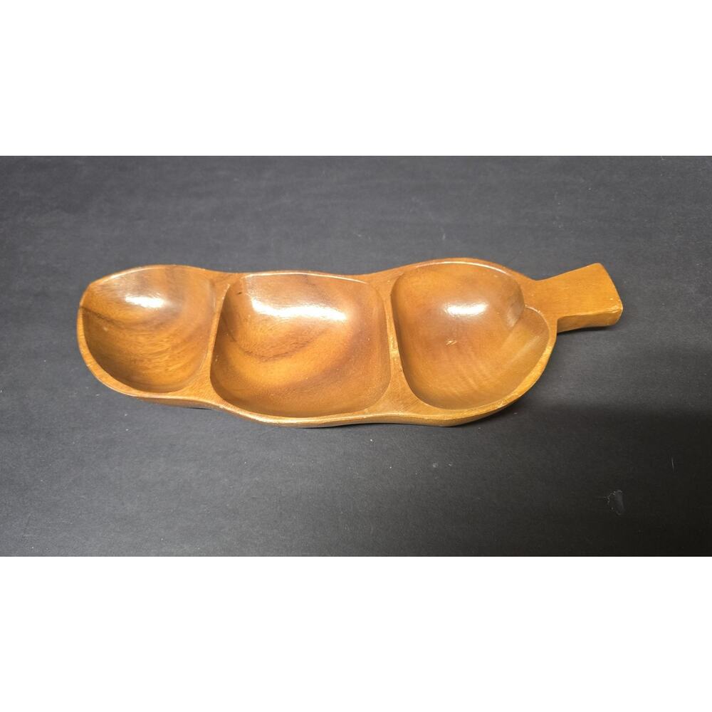 Vintage Alii Woods Triple Section Wooden Serving Bowl Brown Divided Tray Hawaii